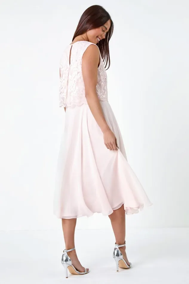 Women Light Pink Petite Chiffon Overlay Lace Midi Dress Roman Dresses