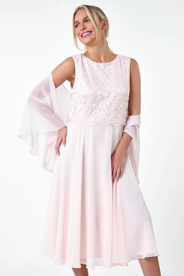 Women Light Pink Petite Chiffon Overlay Lace Midi Dress Roman Dresses