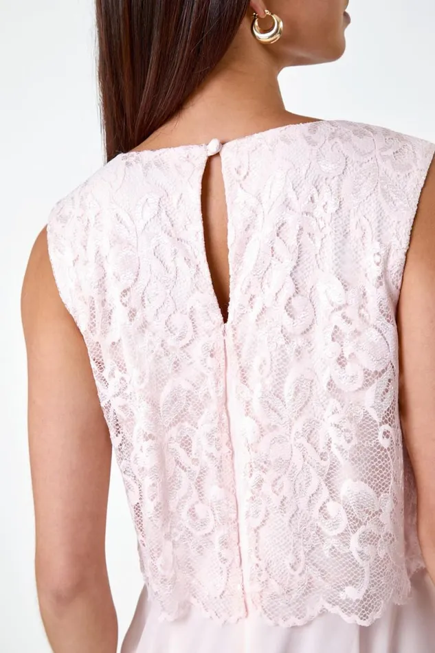 Women Light Pink Petite Chiffon Overlay Lace Midi Dress Roman Dresses
