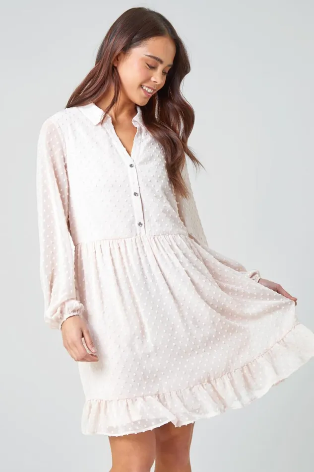 Women Light Pink Petite Textured Spot Tiered Frill Hem Dress Roman Dresses