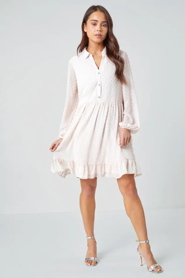 Women Light Pink Petite Textured Spot Tiered Frill Hem Dress Roman Dresses