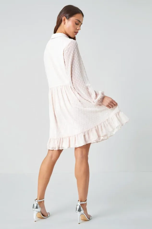 Women Light Pink Petite Textured Spot Tiered Frill Hem Dress Roman Dresses