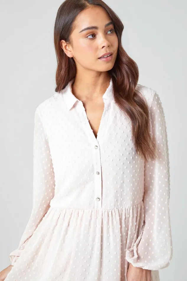 Women Light Pink Petite Textured Spot Tiered Frill Hem Dress Roman Dresses