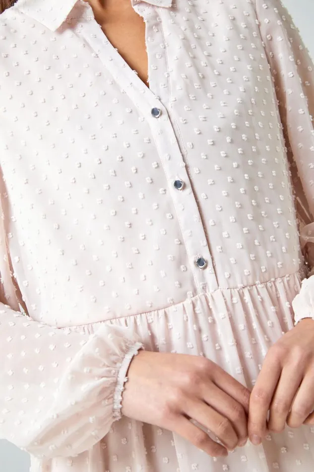 Women Light Pink Petite Textured Spot Tiered Frill Hem Dress Roman Dresses