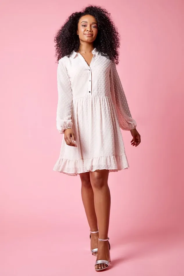 Women Light Pink Petite Textured Spot Tiered Frill Hem Dress Roman Dresses