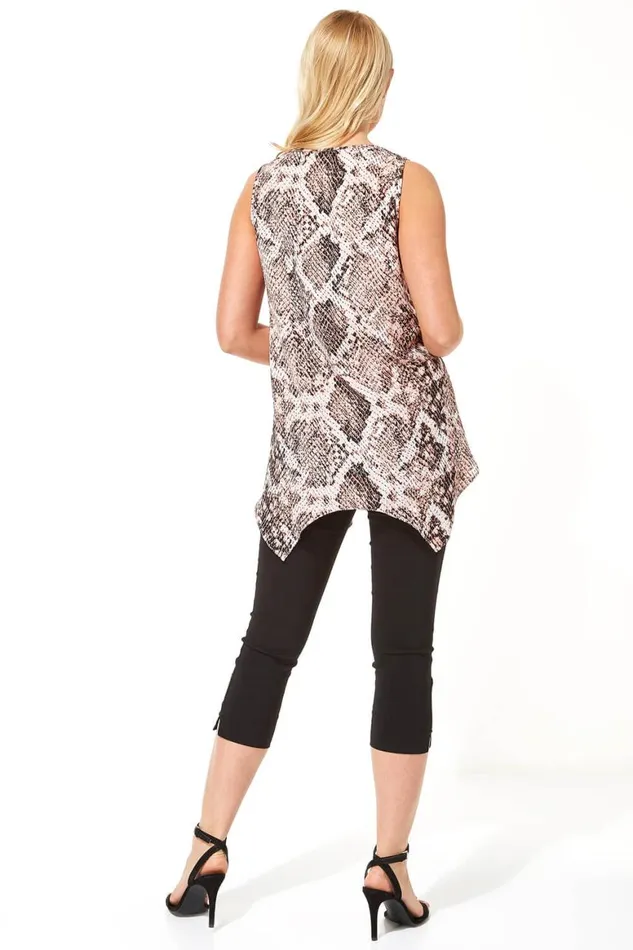 Women Light Pink Snake Print Hanky Hem Chiffon Tunic Blouse Roman Tops