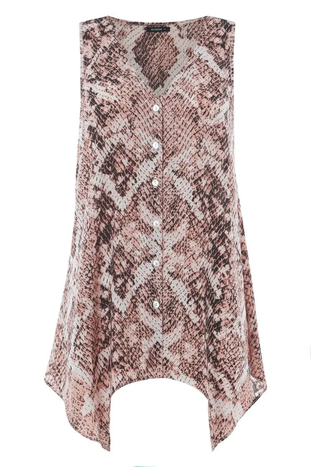 Women Light Pink Snake Print Hanky Hem Chiffon Tunic Blouse Roman Tops