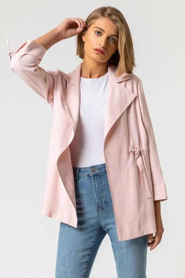 Women Light Pink Tie Waist Longline Jacket Roman Occasionwear