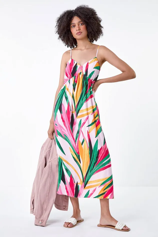 Women Light Pink Tropical Leaf Tie Detail Midi Dress Roman Dresses