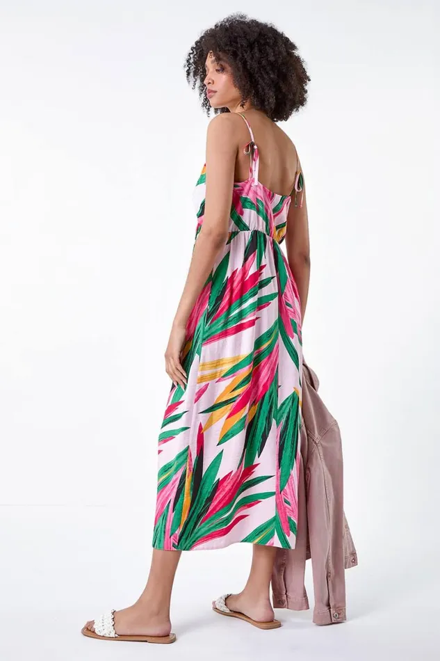 Women Light Pink Tropical Leaf Tie Detail Midi Dress Roman Dresses