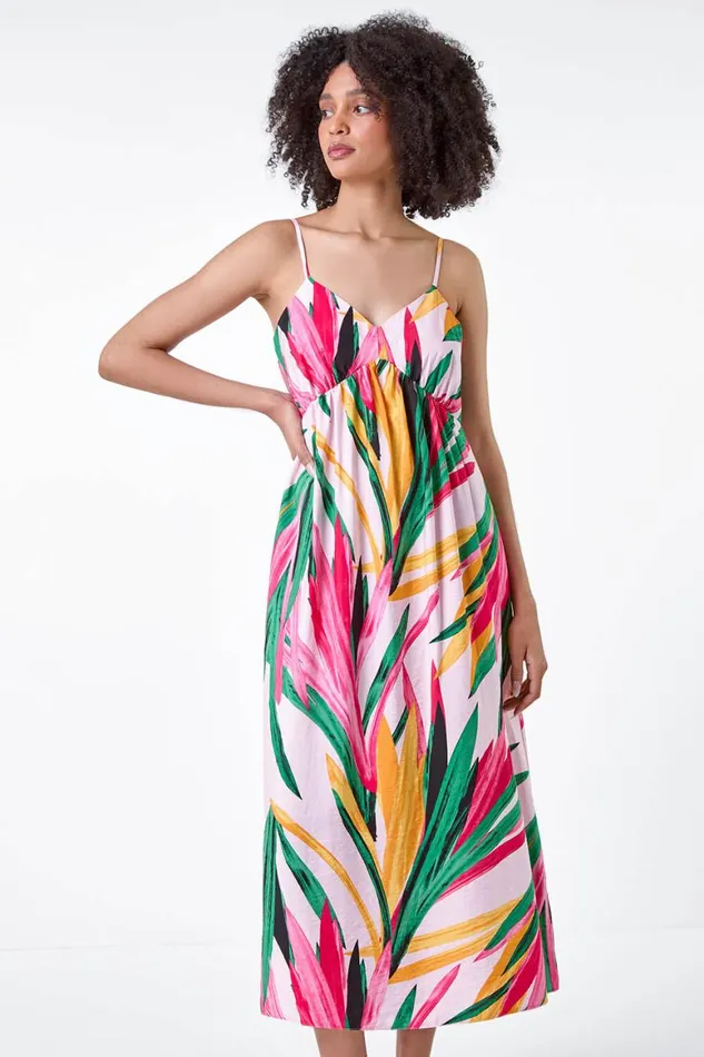 Women Light Pink Tropical Leaf Tie Detail Midi Dress Roman Dresses