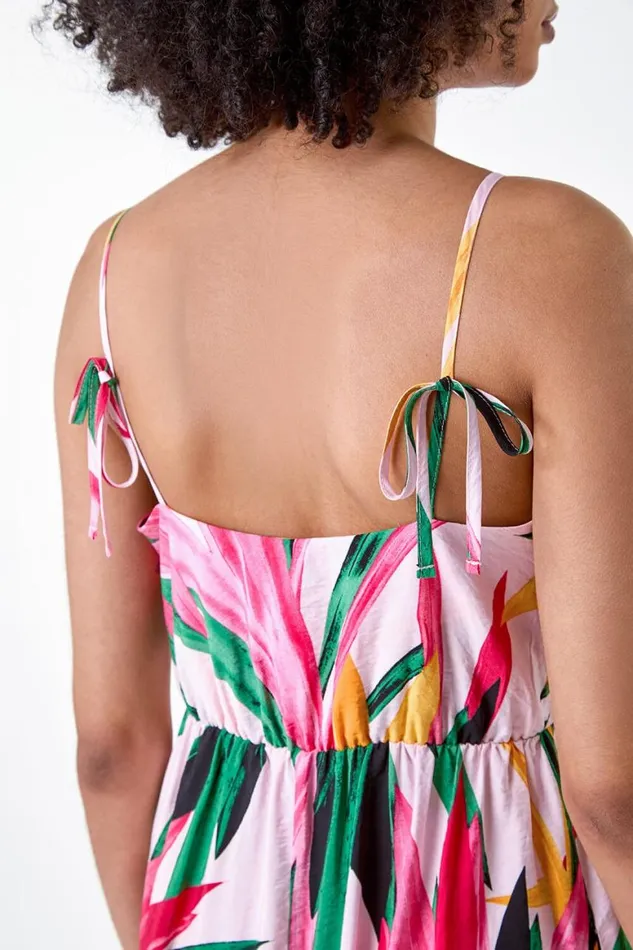 Women Light Pink Tropical Leaf Tie Detail Midi Dress Roman Dresses