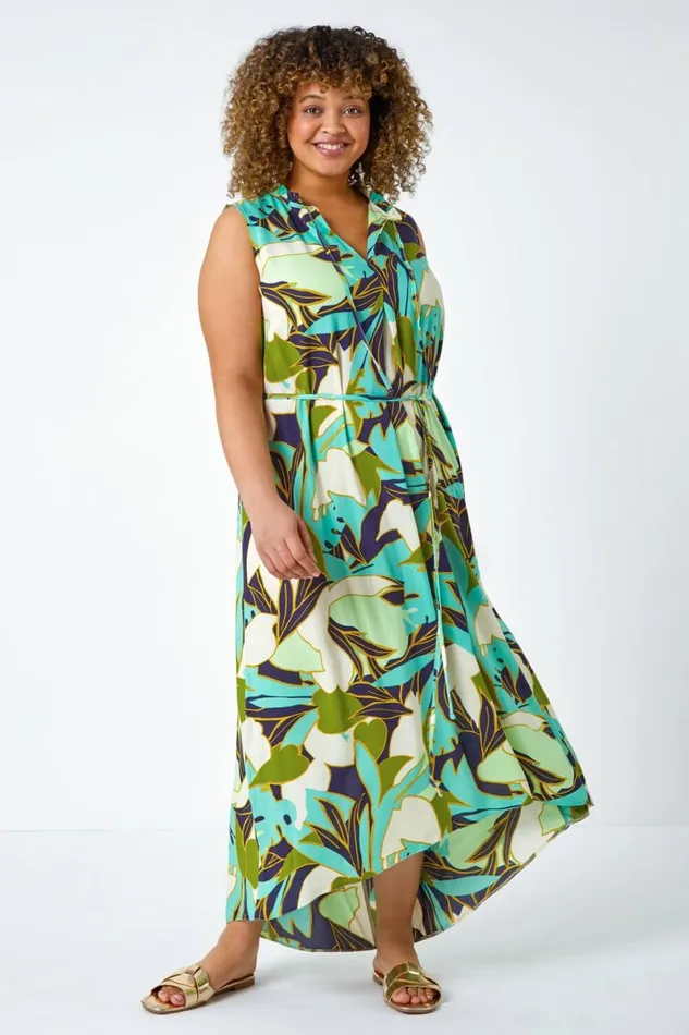 Women Lime Curve Leaf Print Tie Neck Midi Dress Roman Dresses