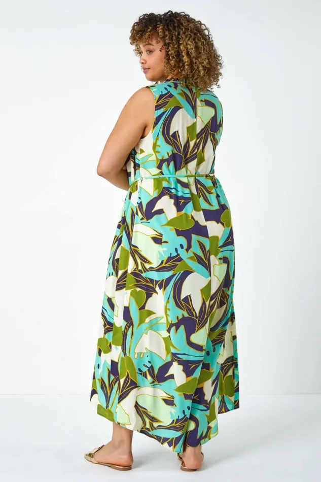Women Lime Curve Leaf Print Tie Neck Midi Dress Roman Dresses