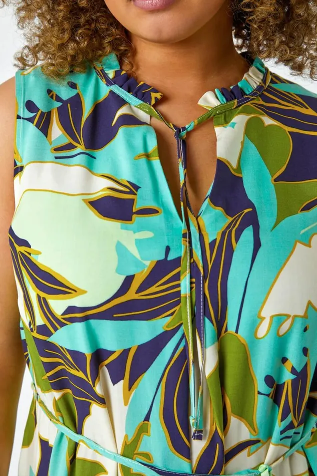 Women Lime Curve Leaf Print Tie Neck Midi Dress Roman Dresses