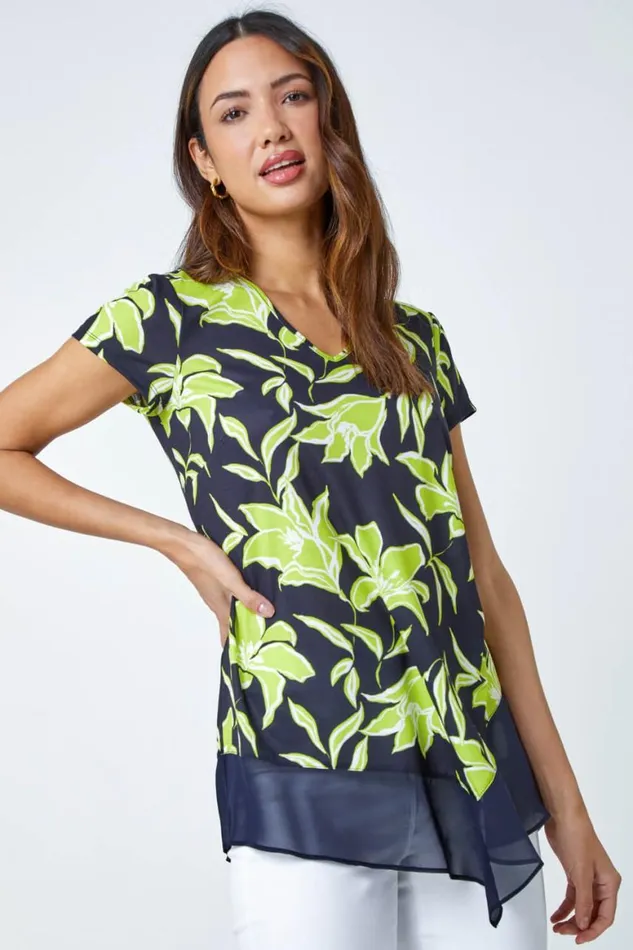 Women Lime Floral Print VNeck Chiffon Hem Jersey Top Roman Tops