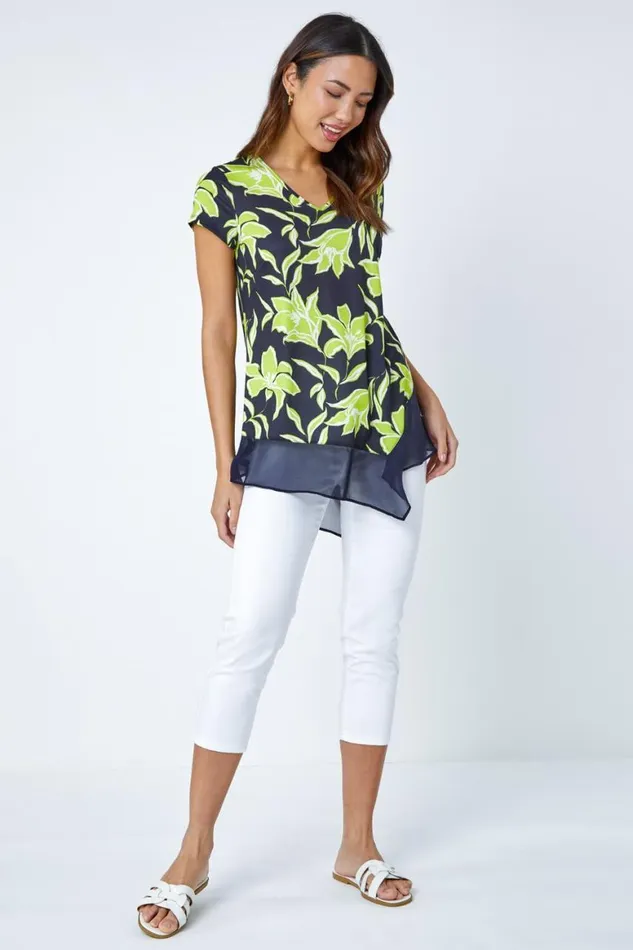 Women Lime Floral Print VNeck Chiffon Hem Jersey Top Roman Tops