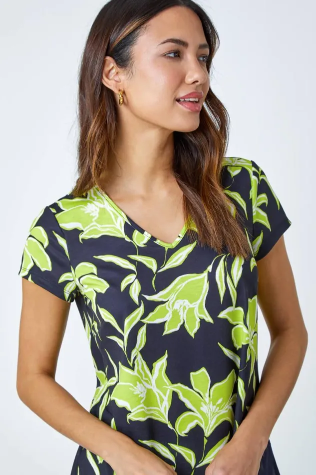 Women Lime Floral Print VNeck Chiffon Hem Jersey Top Roman Tops