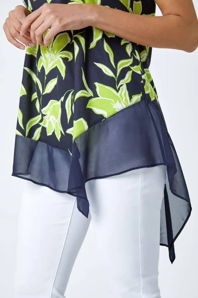 Women Lime Floral Print VNeck Chiffon Hem Jersey Top Roman Tops