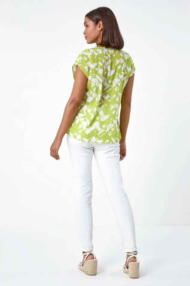 Women Lime Geometric Crinkle Textured VNeck Top Roman Tops
