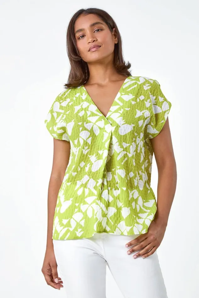 Women Lime Geometric Crinkle Textured VNeck Top Roman Tops