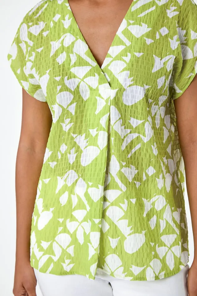 Women Lime Geometric Crinkle Textured VNeck Top Roman Tops