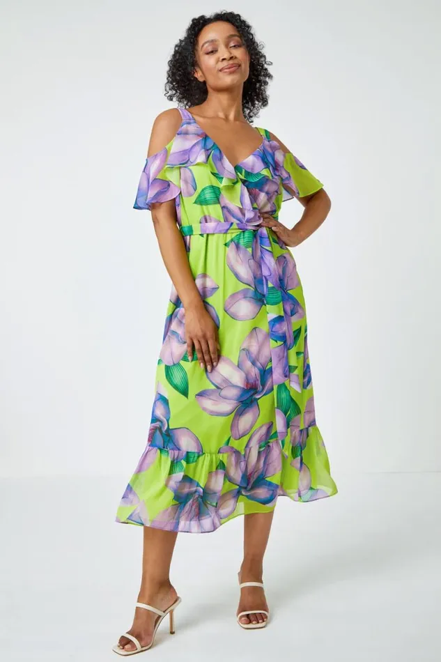 Women Lime Petite Floral Cold Shoulder Chiffon Midi Dress Roman Dresses