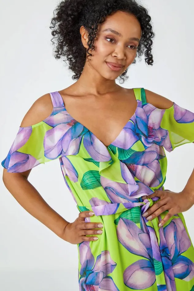 Women Lime Petite Floral Cold Shoulder Chiffon Midi Dress Roman Dresses