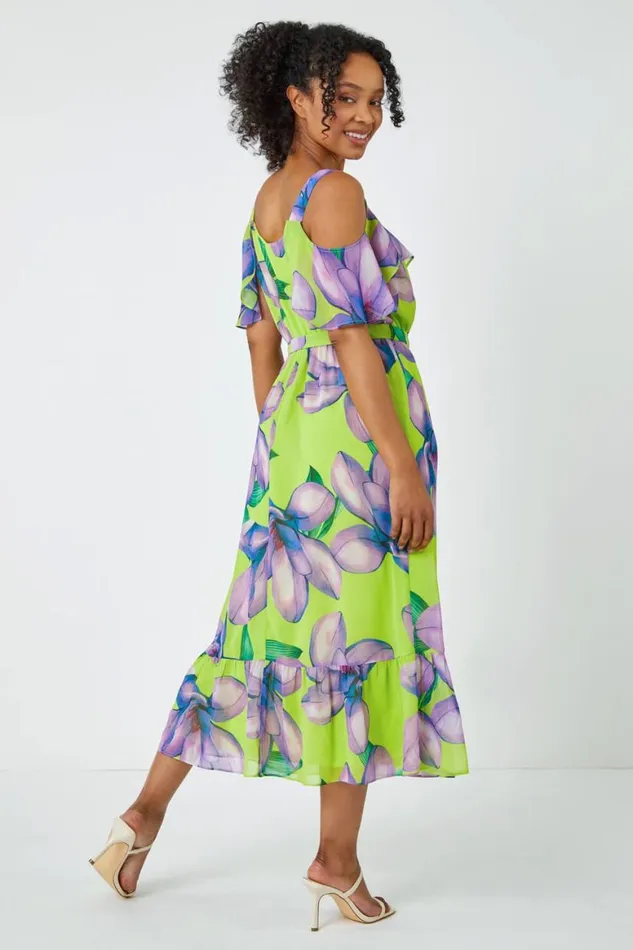Women Lime Petite Floral Cold Shoulder Chiffon Midi Dress Roman Dresses