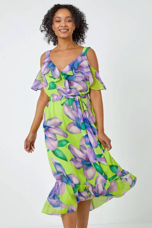 Women Lime Petite Floral Cold Shoulder Chiffon Midi Dress Roman Dresses