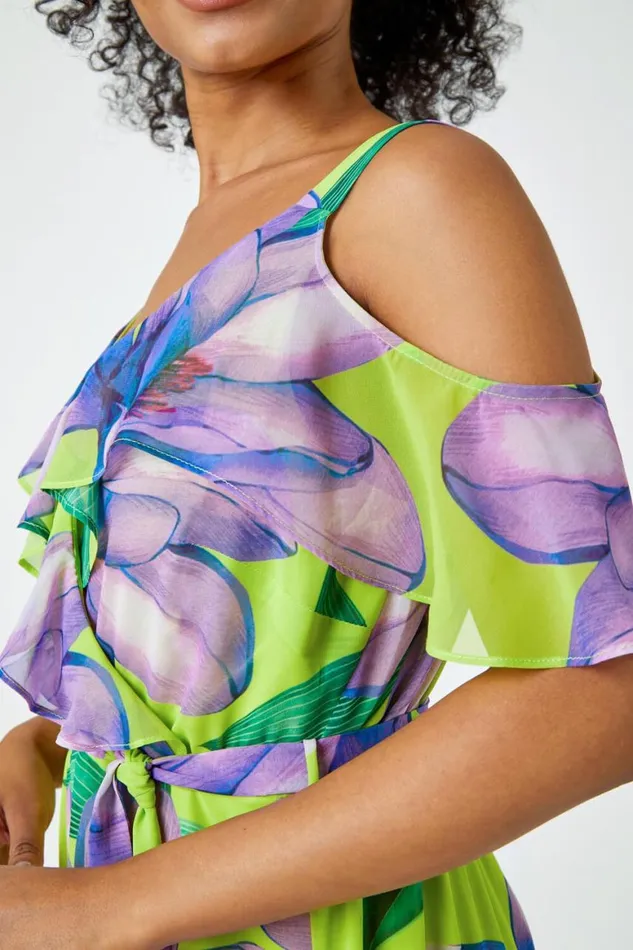 Women Lime Petite Floral Cold Shoulder Chiffon Midi Dress Roman Dresses