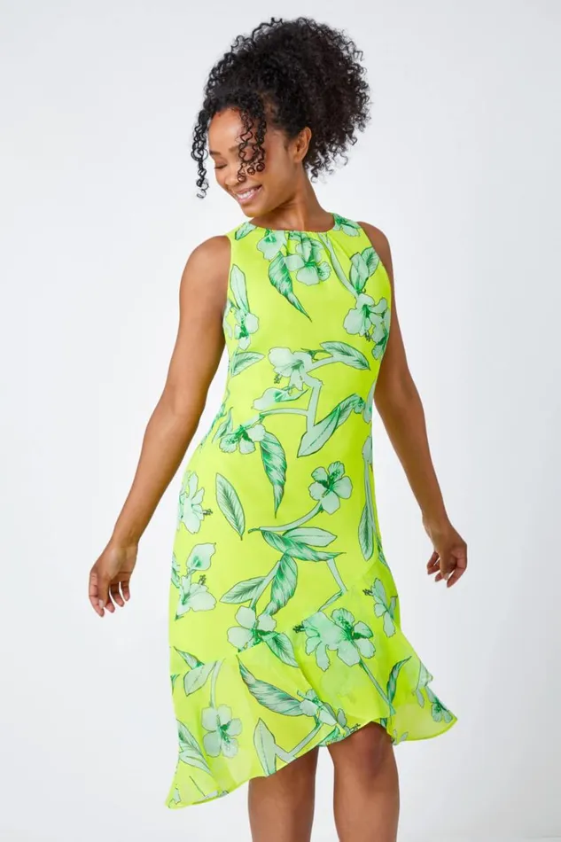Women Lime Petite Floral Frill Hem Dress Roman Dresses