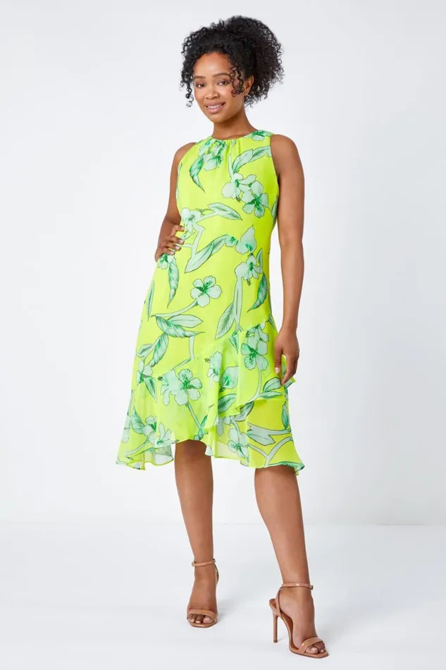 Women Lime Petite Floral Frill Hem Dress Roman Dresses