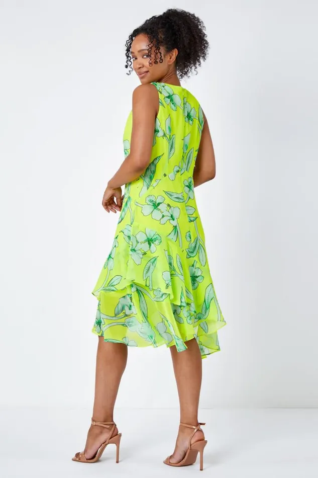 Women Lime Petite Floral Frill Hem Dress Roman Dresses