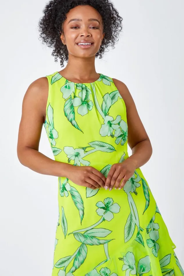 Women Lime Petite Floral Frill Hem Dress Roman Dresses