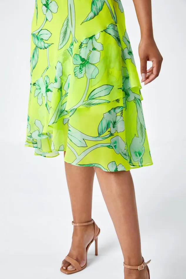 Women Lime Petite Floral Frill Hem Dress Roman Dresses