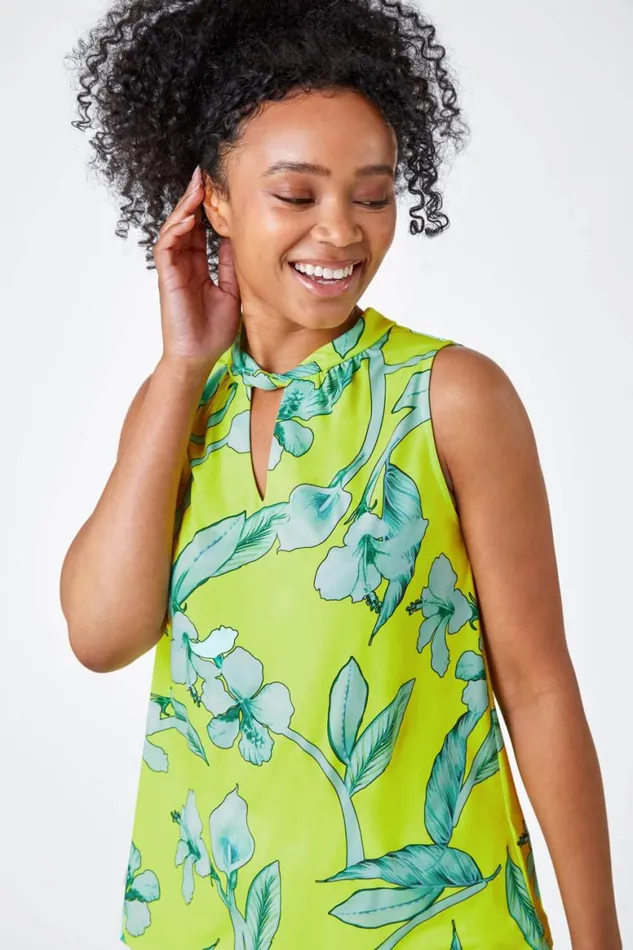 Women Lime Petite Floral Twist Neck Top Roman Tops