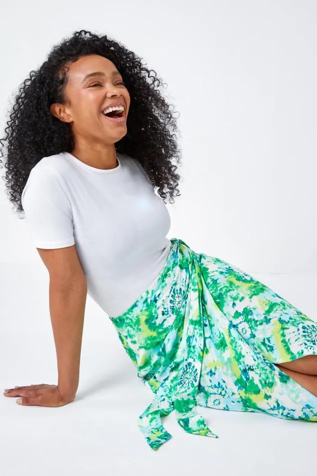 Women Lime Petite Tie Dye Wrap Around Skirt Roman Skirts