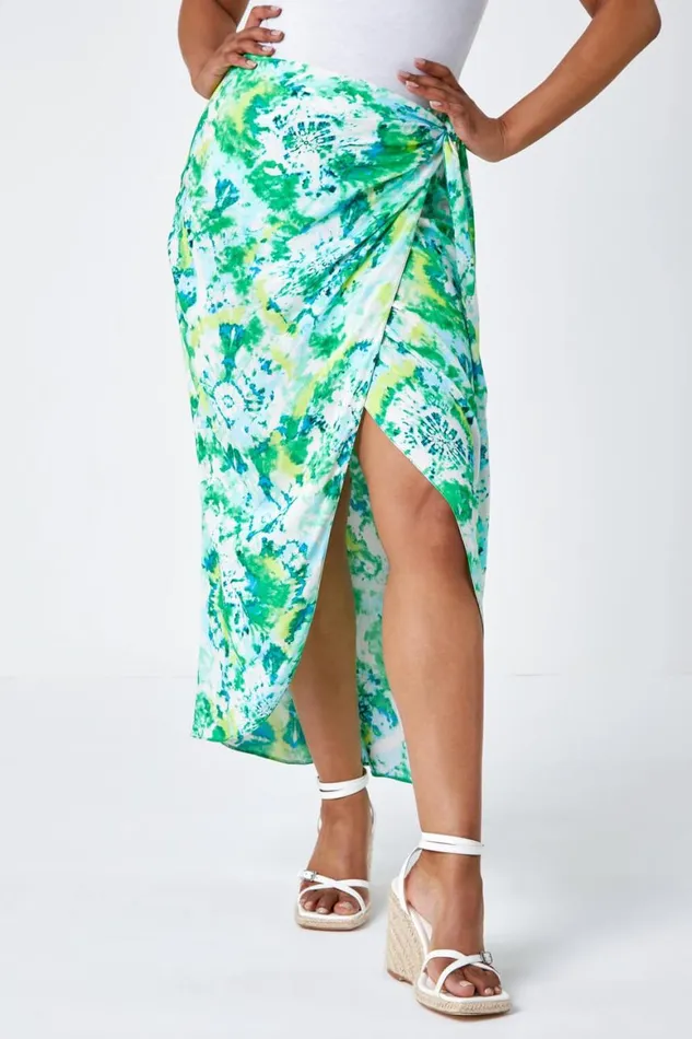 Women Lime Petite Tie Dye Wrap Around Skirt Roman Skirts