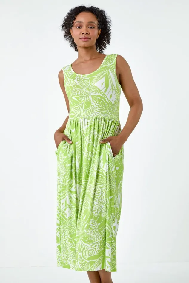 Women Lime Petite Tropical Stretch Jersey Pocket Dress Roman Dresses