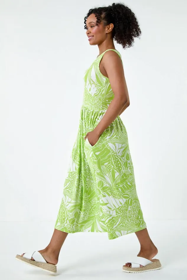 Women Lime Petite Tropical Stretch Jersey Pocket Dress Roman Dresses