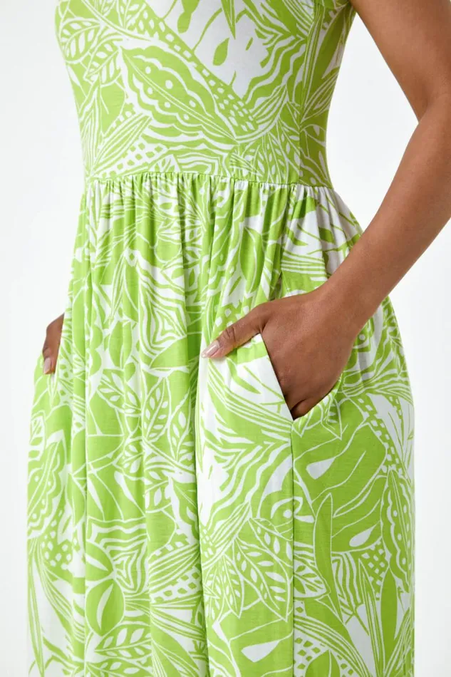 Women Lime Petite Tropical Stretch Jersey Pocket Dress Roman Dresses