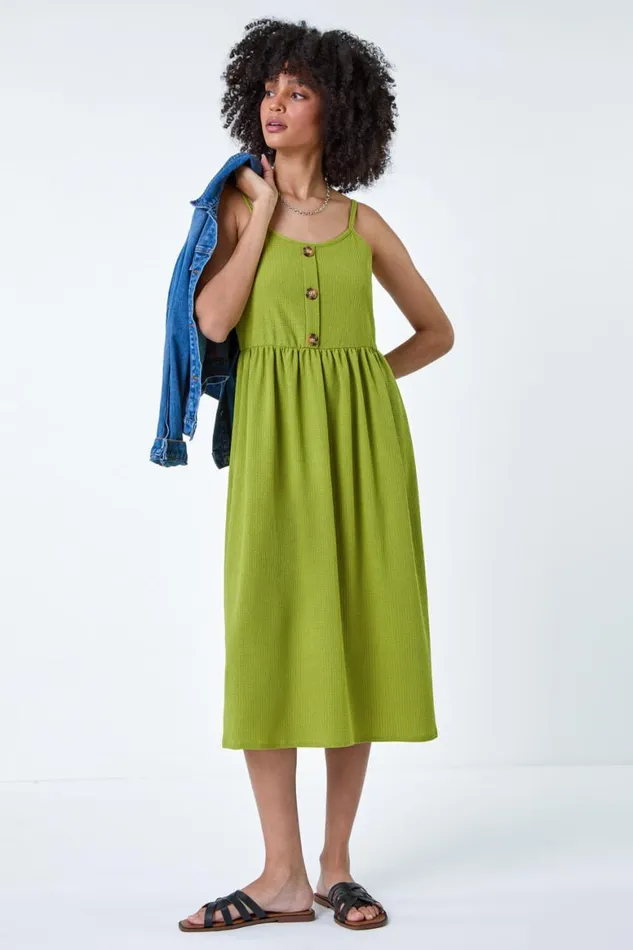 Women Lime Stretch Jersey Button Midi Dress Roman Dresses
