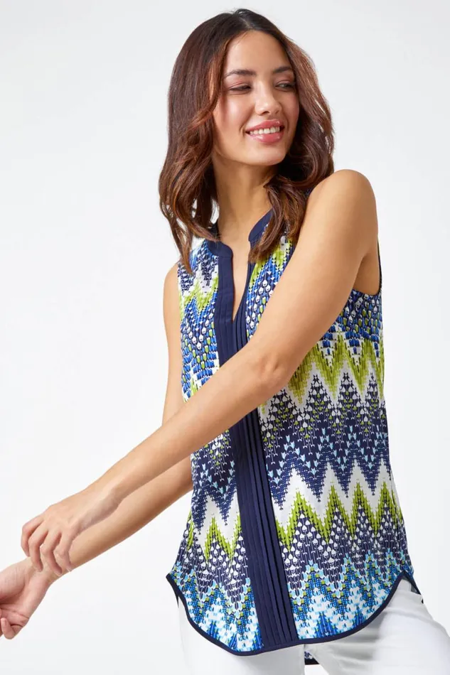 Women Lime Zig Zag Notch Neck Jersey Top Roman Tops