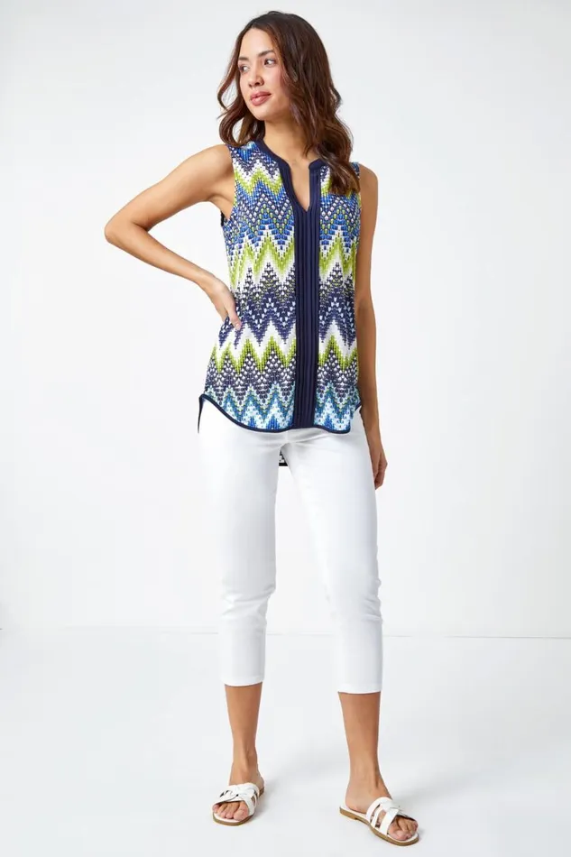 Women Lime Zig Zag Notch Neck Jersey Top Roman Tops