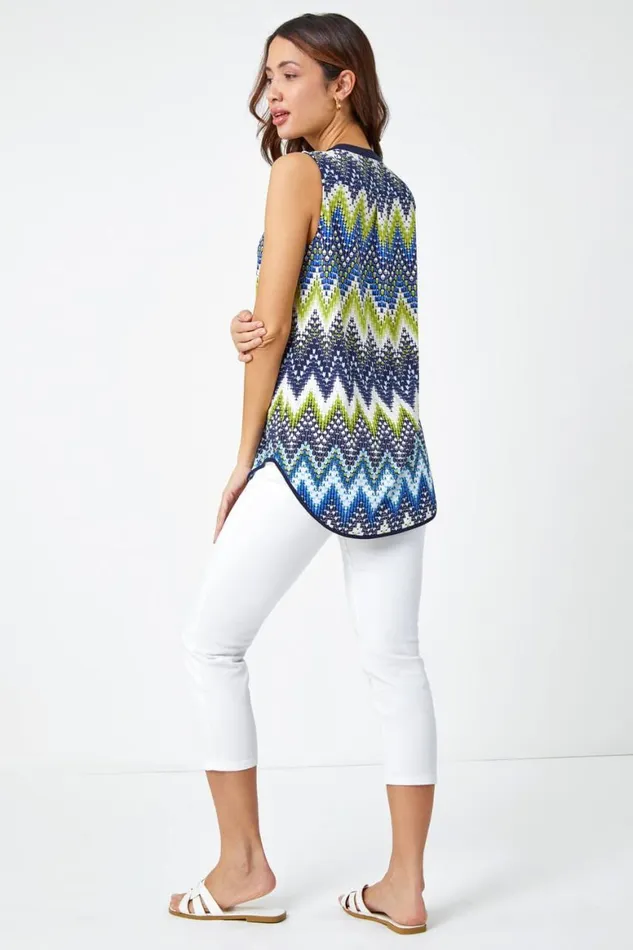 Women Lime Zig Zag Notch Neck Jersey Top Roman Tops