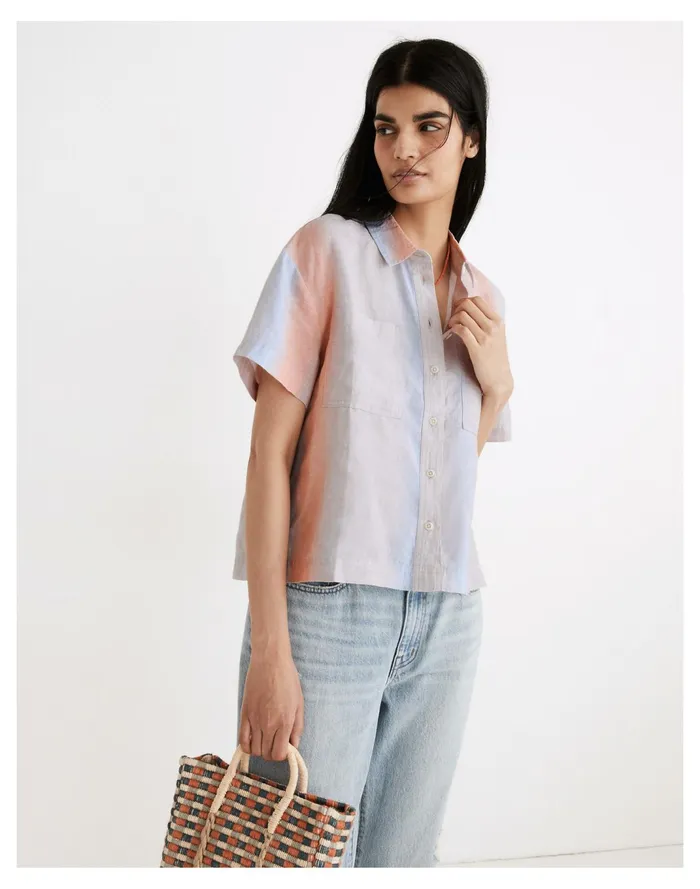 Women Linen Beachside Shirt In Ombr Stripe Ombre Orange Blue Madewell Tops and Shirts