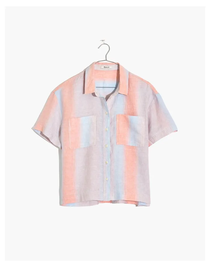 Women Linen Beachside Shirt In Ombr Stripe Ombre Orange Blue Madewell Tops and Shirts Women Linen Beachside Shirt In Ombr Stripe Ombre Orange Blue Madewell Tops and Shirts