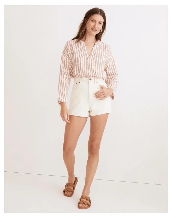 Women Linen Blend Lakeline Popover Shirt In Hester Stripe Afterglow Red Madewell Tops and Shirts Women Linen Blend Lakeline Popover Shirt In Hester Stripe Afterglow Red Madewell Tops and Shirts