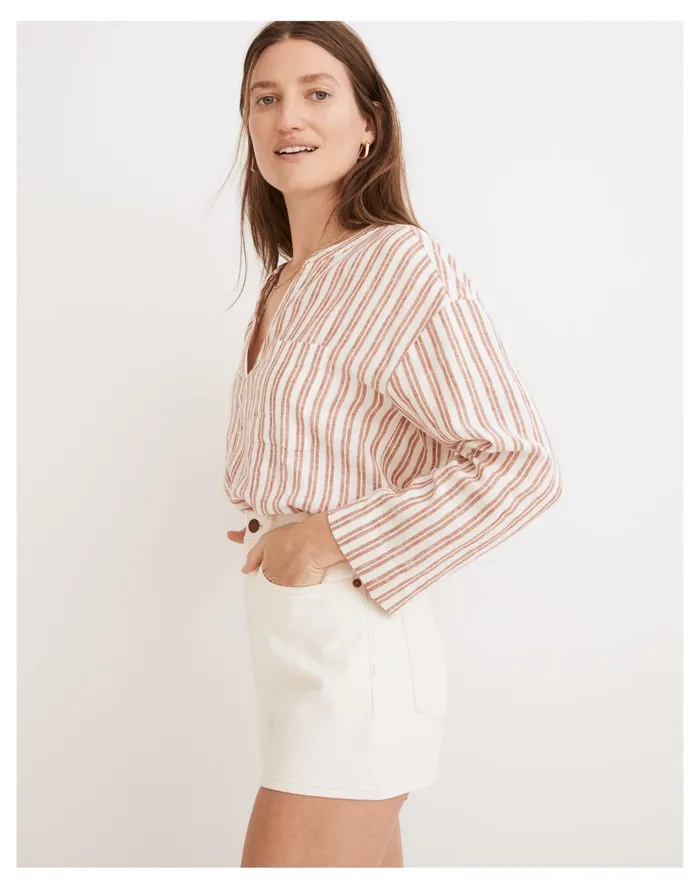 Women Linen Blend Lakeline Popover Shirt In Hester Stripe Afterglow Red Madewell Tops and Shirts Women Linen Blend Lakeline Popover Shirt In Hester Stripe Afterglow Red Madewell Tops and Shirts
